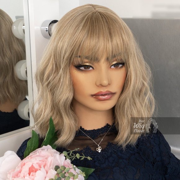 Ashy Blonde Wavy Wig with Bangs | Alicia - Picture 7 of 12